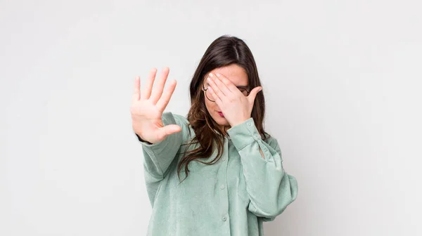 Young Pretty Woman Covering Face Hand Putting Other Hand Front — Stock Photo, Image