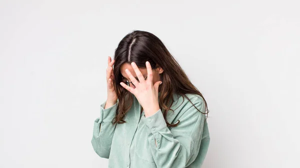 Young Pretty Woman Covering Eyes Hands Sad Frustrated Look Despair — Stock Photo, Image