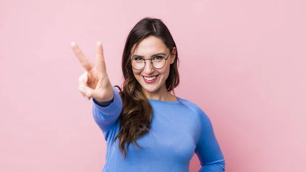 Young Pretty Woman Smiling Looking Happy Carefree Positive Gesturing Victory — Stock Photo, Image