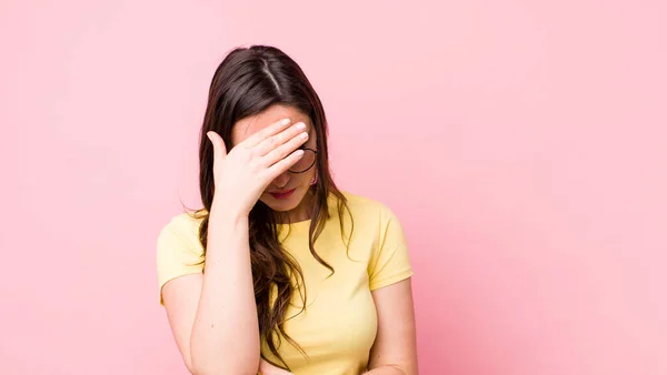 Young Pretty Woman Looking Stressed Ashamed Upset Headache Covering Face — Stock Photo, Image