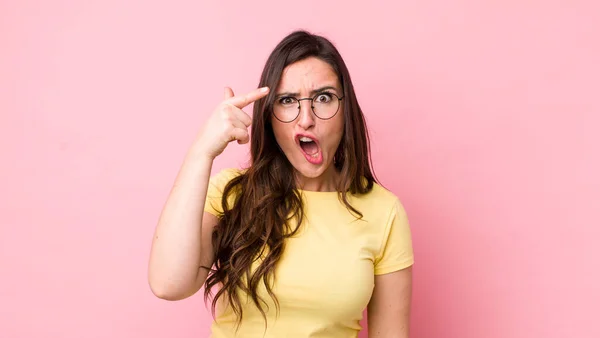 Young Pretty Woman Pointing Camera Angry Aggressive Expression Looking Furious — Stock Photo, Image