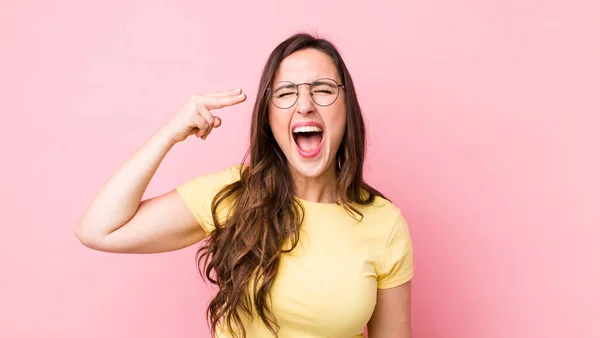 Ung Vacker Kvinna Ser Olycklig Och Stressad Självmord Gest Gör — Stockfoto