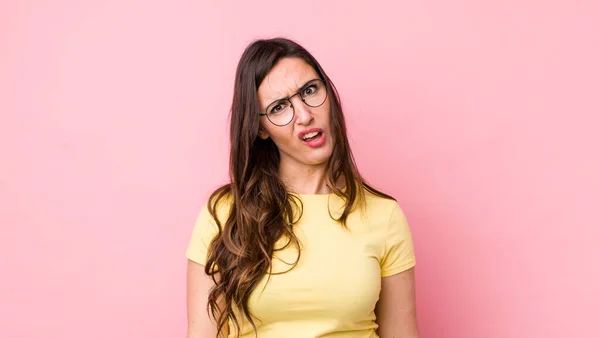 Young Pretty Woman Feeling Puzzled Confused Dumb Stunned Expression Looking — Stock Photo, Image