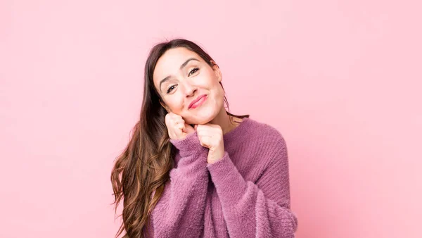 Young Pretty Woman Feeling Love Looking Cute Adorable Happy Smiling — Stock Photo, Image