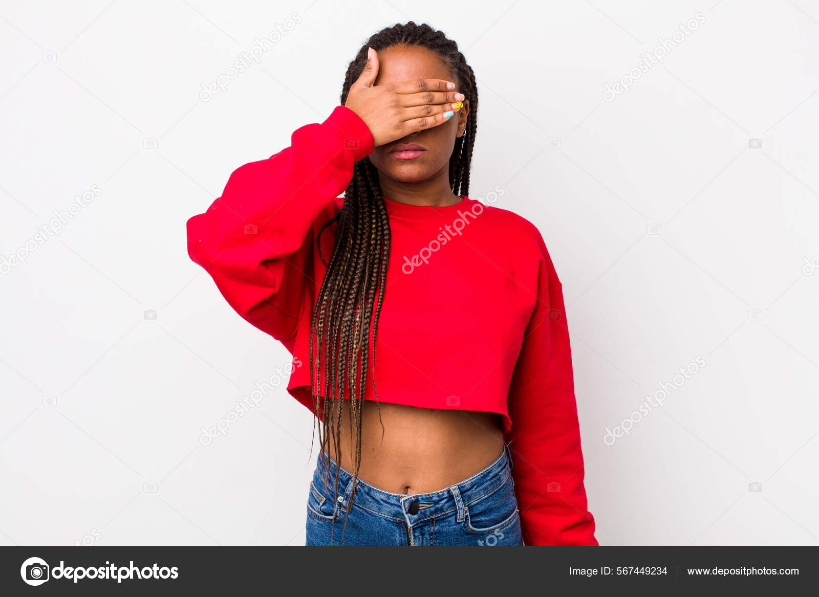 Afro Pretty Woman Covering Eyes One Hand Feeling Scared Anxious.