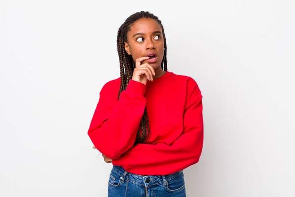 Afro Pretty Woman Surprised Nervous Worried Frightened Look Looking Side — Stockfoto