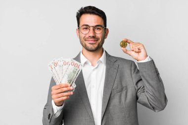 young adult handsome hispanic man business and bitcoin concept