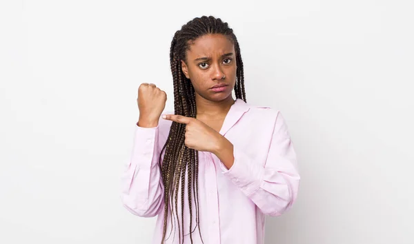 Afro Pretty Woman Looking Impatient Angry Pointing Watch Asking Punctuality — Fotografia de Stock