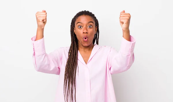 Afro Pretty Woman Celebrating Unbelievable Success Winner Looking Excited Happy — Zdjęcie stockowe