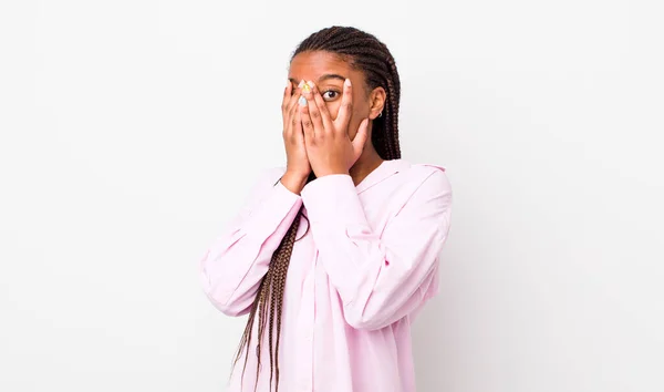 Afro Pretty Woman Feeling Scared Embarrassed Peeking Spying Eyes Half — Foto Stock