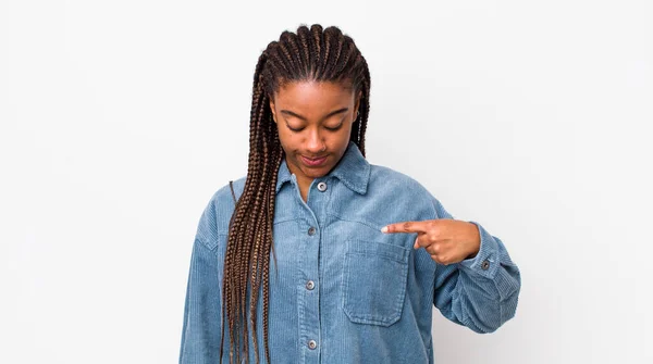 Afro Pretty Woman Smiling Cheerfully Casually Looking Downwards Pointing Chest — Foto Stock