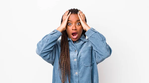 Afro Pretty Woman Feeling Horrified Shocked Raising Hands Head Panicking — Stockfoto