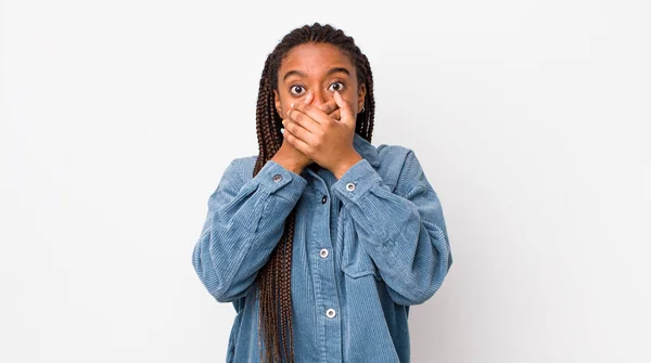 Afro Pretty Woman Covering Mouth Hands Shocked Surprised Expression Keeping — Stockfoto