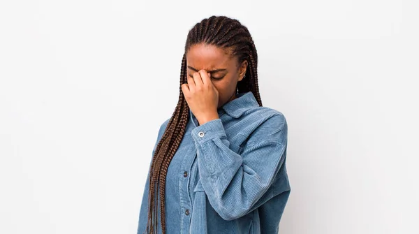 Afro Pretty Woman Feeling Stressed Unhappy Frustrated Touching Forehead Suffering — Stockfoto