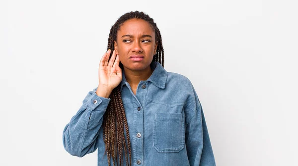 Afro Pretty Woman Looking Serious Curious Listening Trying Hear Secret —  Fotos de Stock