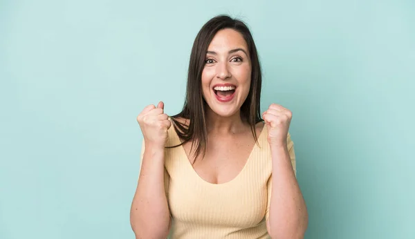 Young Adult Pretty Woman Feeling Shocked Excited Happy Laughing Celebrating — Stock Photo, Image