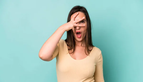 Young Adult Pretty Woman Looking Shocked Scared Terrified Covering Face — Foto de Stock