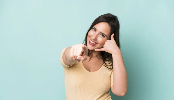 Young Adult Pretty Woman Smiling Cheerfully Pointing Camera While Making — Foto de Stock