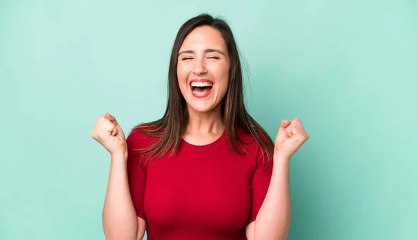 Young Adult Pretty Woman Looking Extremely Happy Surprised Celebrating Success — Fotografia de Stock