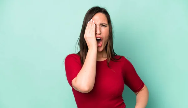 Young Adult Pretty Woman Looking Sleepy Bored Yawning Headache One — Fotografia de Stock