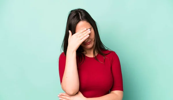 Young Adult Pretty Woman Looking Stressed Ashamed Upset Headache Covering — Stockfoto