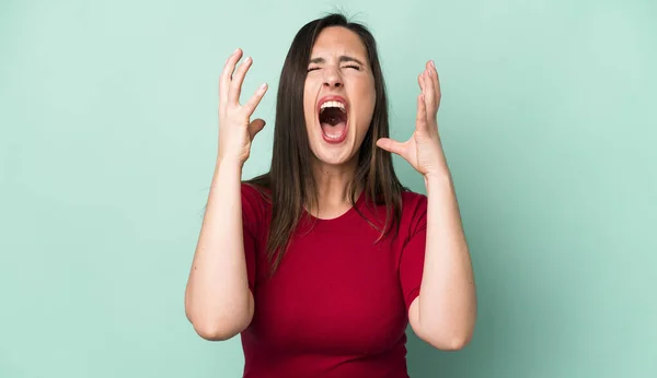 Young Adult Pretty Woman Furiously Screaming Feeling Stressed Annoyed Hands — Stockfoto