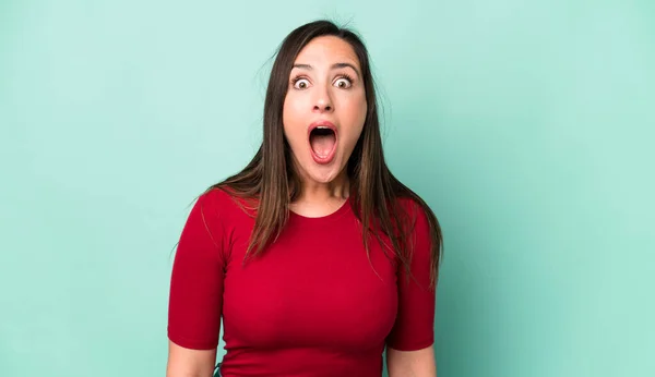 Young Adult Pretty Woman Feeling Terrified Shocked Mouth Wide Open — Foto de Stock