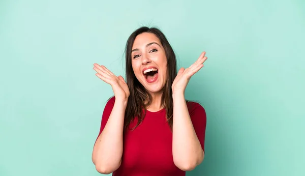 Young Adult Pretty Woman Looking Happy Excited Shocked Unexpected Surprise — Stockfoto