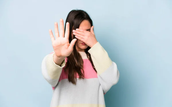 Young Adult Pretty Woman Covering Face Hand Putting Other Hand — Stock Photo, Image