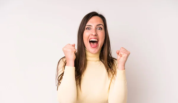 Young Adult Pretty Woman Feeling Shocked Excited Happy Laughing Celebrating — Stockfoto