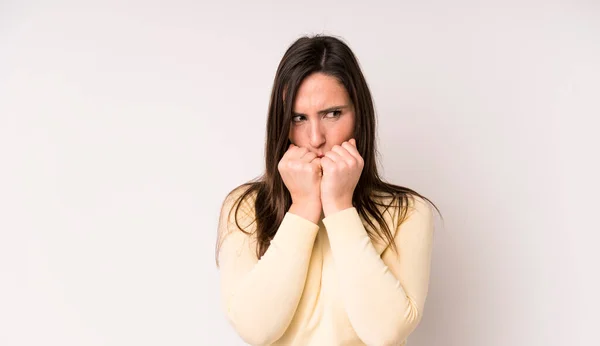 Young Adult Pretty Woman Looking Worried Anxious Stressed Afraid Biting — Stockfoto