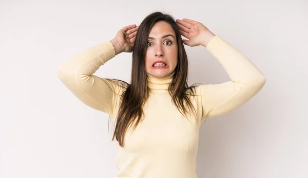 Young Adult Pretty Woman Feeling Stressed Worried Anxious Scared Hands — Stock Photo, Image