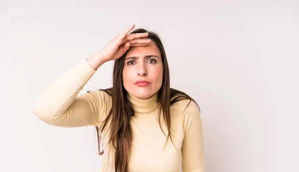 Young Adult Pretty Woman Looking Bewildered Astonished Hand Forehead Looking — Foto de Stock