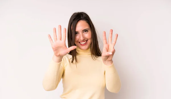 Young Adult Pretty Woman Smiling Looking Friendly Showing Number Eight — Stock Photo, Image