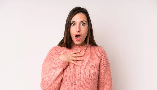 Young Adult Pretty Woman Feeling Shocked Astonished Surprised Hand Chest — Foto Stock