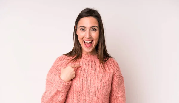 Young Adult Pretty Woman Looking Happy Proud Surprised Cheerfully Pointing — Stockfoto