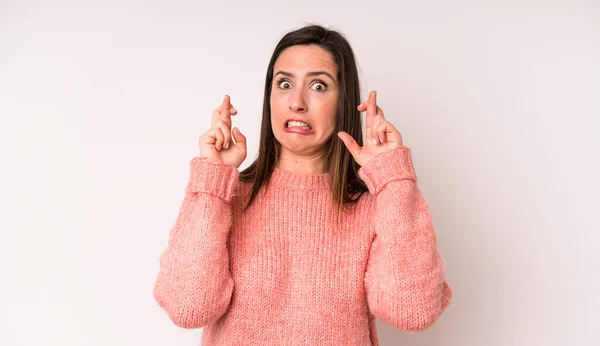 Young Adult Pretty Woman Crossing Fingers Anxiously Hoping Good Luck — Foto Stock