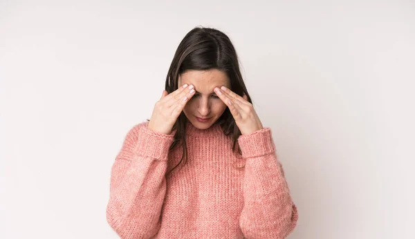 Young Adult Pretty Woman Looking Stressed Frustrated Working Pressure Headache — Stockfoto