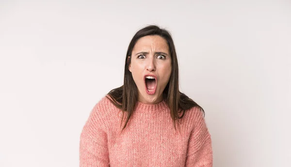Young Adult Pretty Woman Feeling Terrified Shocked Mouth Wide Open — Foto de Stock