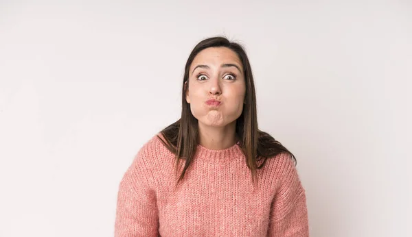 Young Adult Pretty Woman Goofy Crazy Surprised Expression Puffing Cheeks — Stockfoto