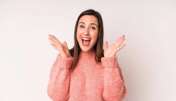 Young Adult Pretty Woman Looking Happy Excited Shocked Unexpected Surprise — Stock Photo, Image