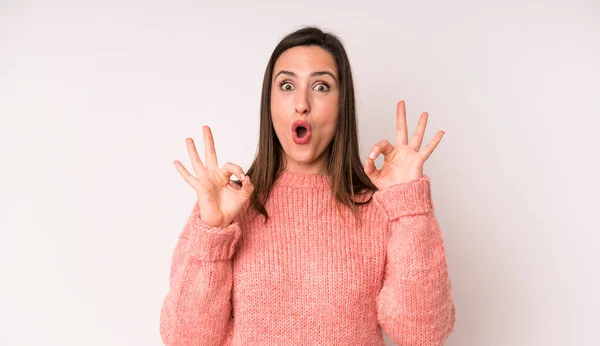 Young Adult Pretty Woman Feeling Shocked Amazed Surprised Showing Approval — Foto Stock