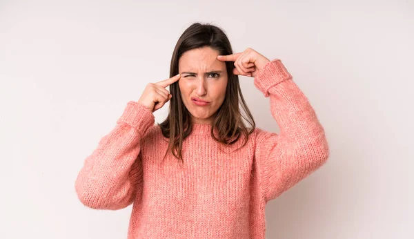 Young Adult Pretty Woman Serious Concentrated Look Brainstorming Thinking Challenging — Foto de Stock