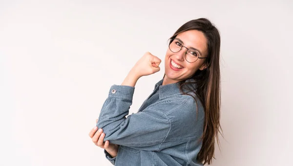 Giovane Donna Carina Adulta Sensazione Felice Soddisfatto Potente Flessione Forma — Foto Stock