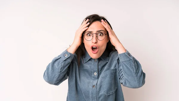 Young Adult Pretty Woman Feeling Horrified Shocked Raising Hands Head — Foto Stock