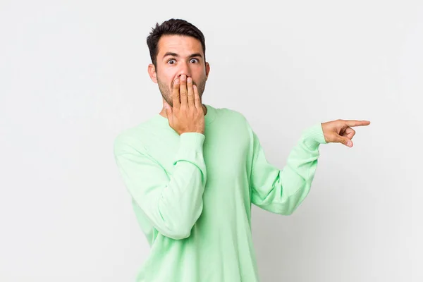 Young Handsome Hicpanic Man Feeling Happy Shocked Surprised Covering Mouth — Foto Stock