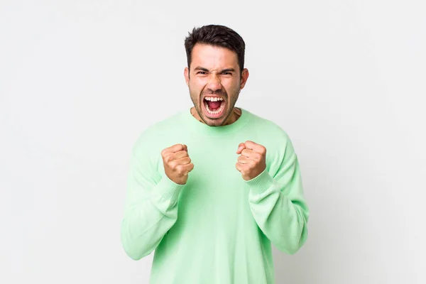 Young Handsome Hicpanic Man Shouting Aggressively Annoyed Frustrated Angry Look — Stockfoto