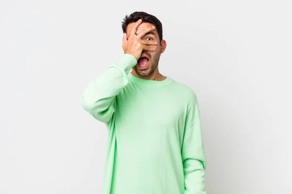 Young Handsome Hicpanic Man Looking Shocked Scared Terrified Covering Face — Stok fotoğraf