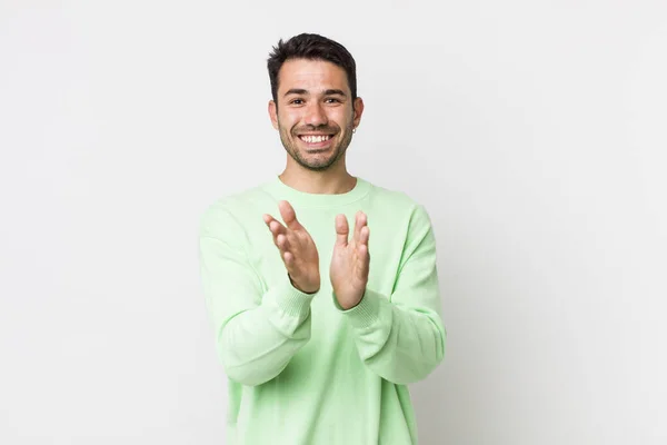 Young Handsome Hicpanic Man Feeling Happy Successful Smiling Clapping Hands — Stock Photo, Image