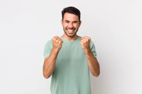 Young Handsome Hicpanic Man Shouting Triumphantly Laughing Feeling Happy Excited — Stockfoto